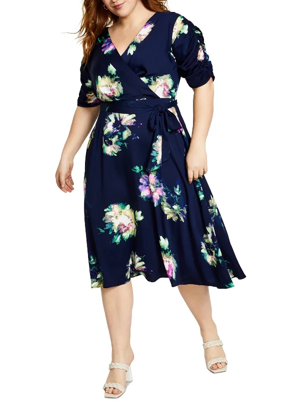 Plus Womens Chiffon Floral Wrap Dress