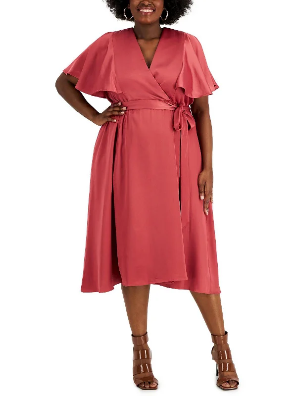 Plus Womens Satin Flutter Sleeves Wrap Dress