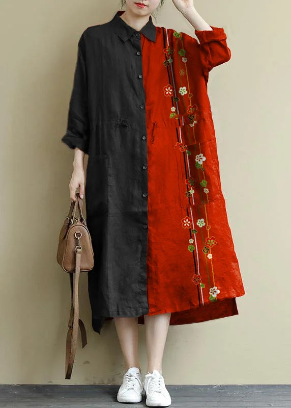 red flower Linen Shirt Dress Casual Oversize Spring Maxi Dresses