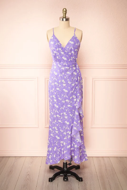 Selene Lavender | Floral Midi Wrap Dress w/ Ruffles