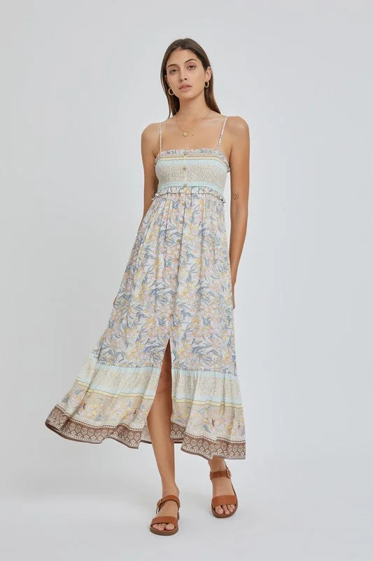 SMOCKED PRINT MAXI DRESS