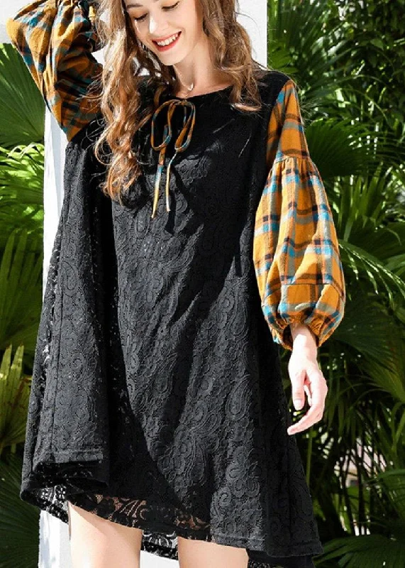 Stylish Black Patchwork Lantern Sleeve Lace Maxi Dress Summer