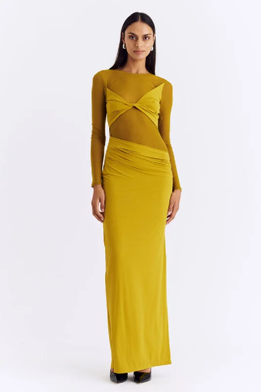 Suboo - Auguste Long Sleeve Mesh Jersey Maxi Dress in Citron