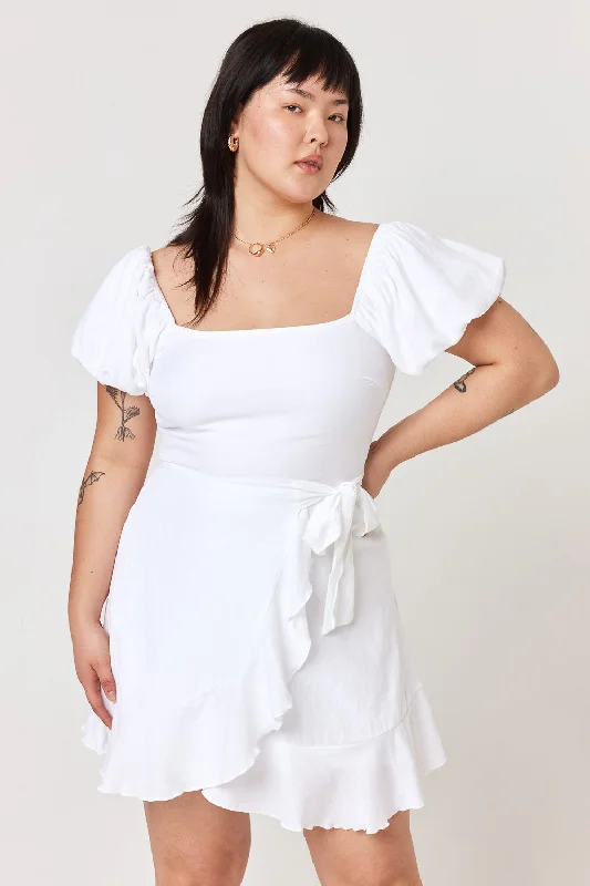 White Puff Sleeve Wrap Dress