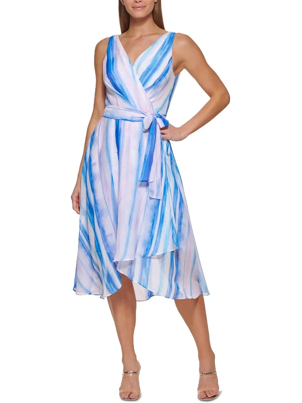 Womens Faux Wrap Tea Length Wrap Dress