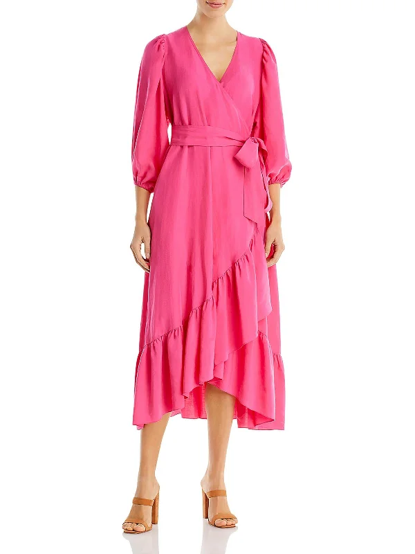 Womens Ruffled Mid Calf Wrap Dress