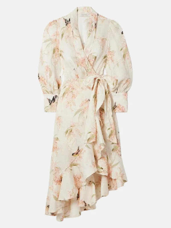 Printed Linen Midi Wrap Dress in Ivory