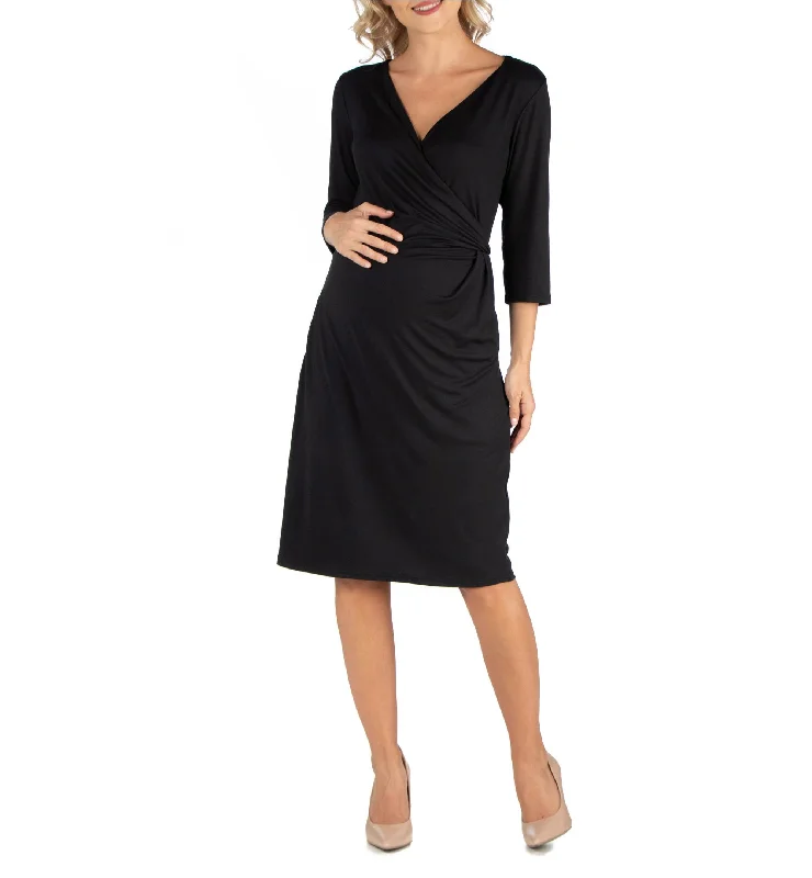 24seven Comfort Apparel Three Quarter Sleeve Knee Length Maternity Wrap Dress