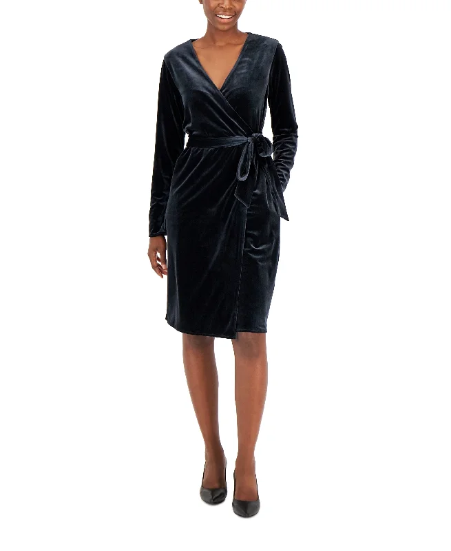 Alfani Womens Velvet Long Sleeve Wrap Dress