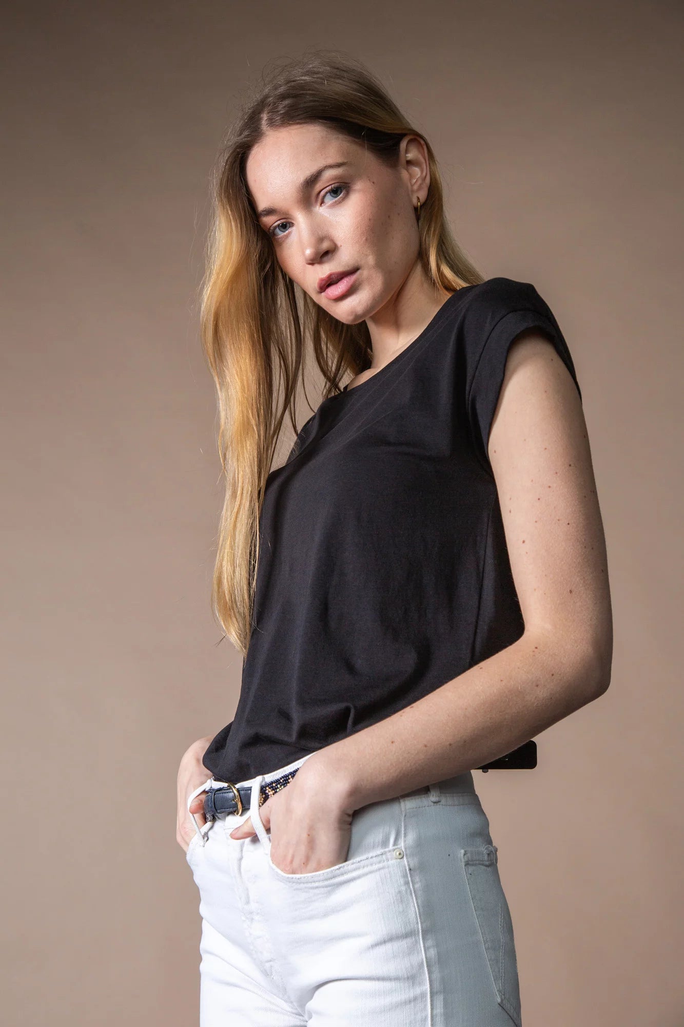 Anonym Cap Sleeve Pima Slub Tee Black Satin Fabric Silk Fabric Chiffon Fabric