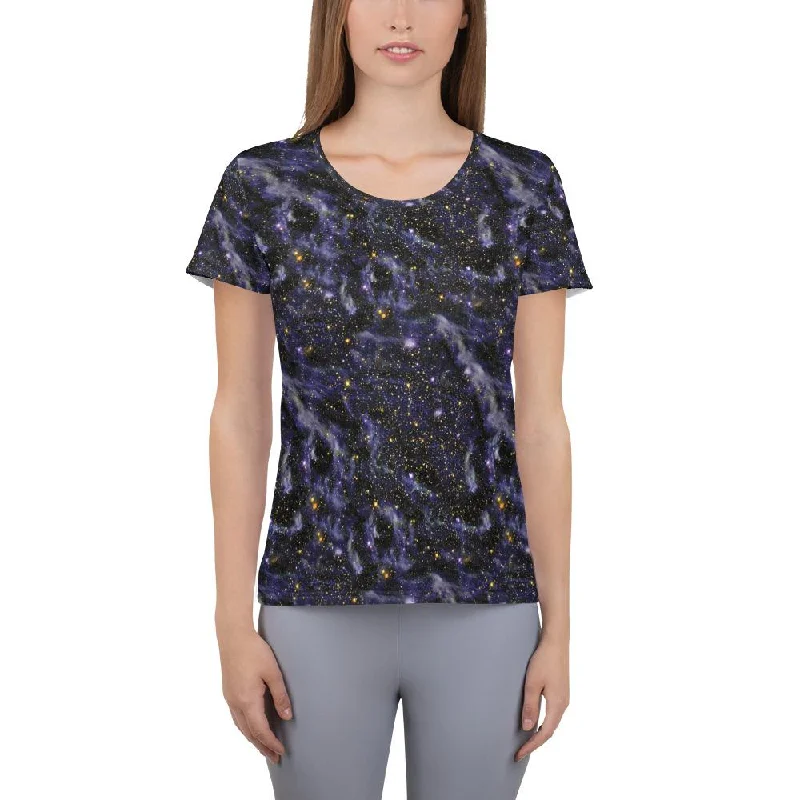Blue Blaze Galaxy Space Clouds Stars Print Women's Athletic T-shirt Rayon Fabric Velvet Fabric Corduroy Fabric Blue Blaze Galaxy Space Clouds Stars Print Women's Athletic T-shirt Rayon Fabric Velvet Fabric Corduroy Fabric
