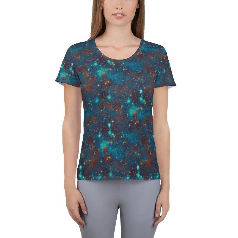 Blue Sky Galaxy Stars Space Abstract Clouds Print Women's Athletic T-shirt Denim Fabric Leather Fabric Suede Fabric Blue Sky Galaxy Stars Space Abstract Clouds Print Women's Athletic T-shirt Denim Fabric Leather Fabric Suede Fabric