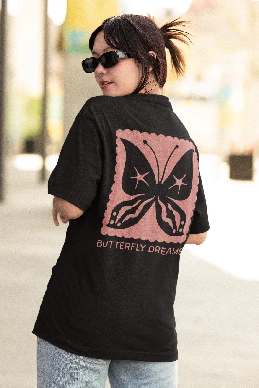 Butterfly Dreams Printed Design Oversized Black Women T-Shirt Ribbed T-Shirt High Neck Heavyweight Butterfly Dreams Printed Design Oversized Black Women T-Shirt Ribbed T-Shirt High Neck Heavyweight