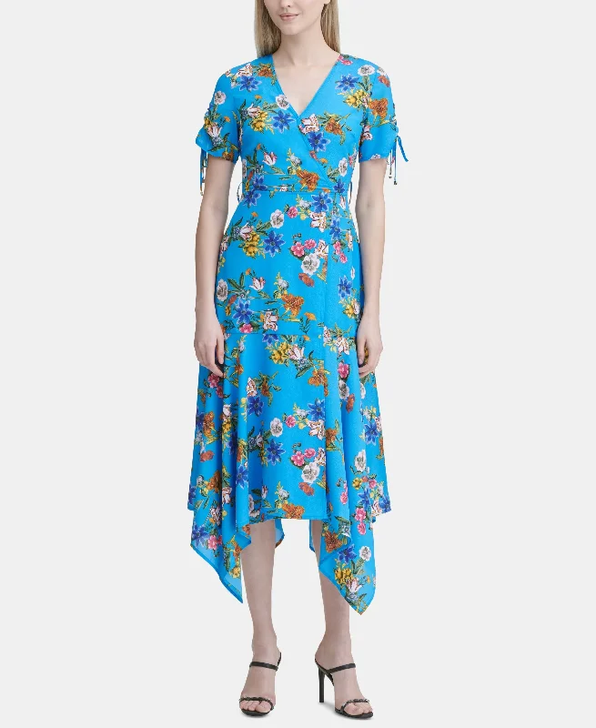 Printed Handkerchief-Hem Faux-Wrap Dress