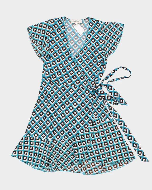 Diane Von Furstenberg Blue & Brown Geometric Print Wrap Dress - M