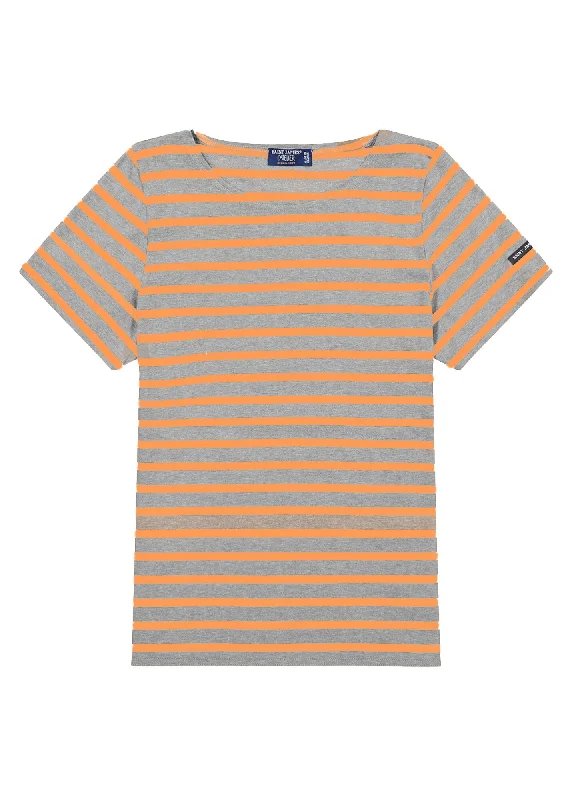 ETRILLE - Nautical Stripe Tee with Short Sleeves | Soft Cotton | Women Fit (DENIM / NEON ORANGE) Nylon Fabric Polyester Fabric Spandex Fabric ETRILLE - Nautical Stripe Tee with Short Sleeves | Soft Cotton | Women Fit (DENIM / NEON ORANGE) Nylon Fabric Polyester Fabric Spandex Fabric