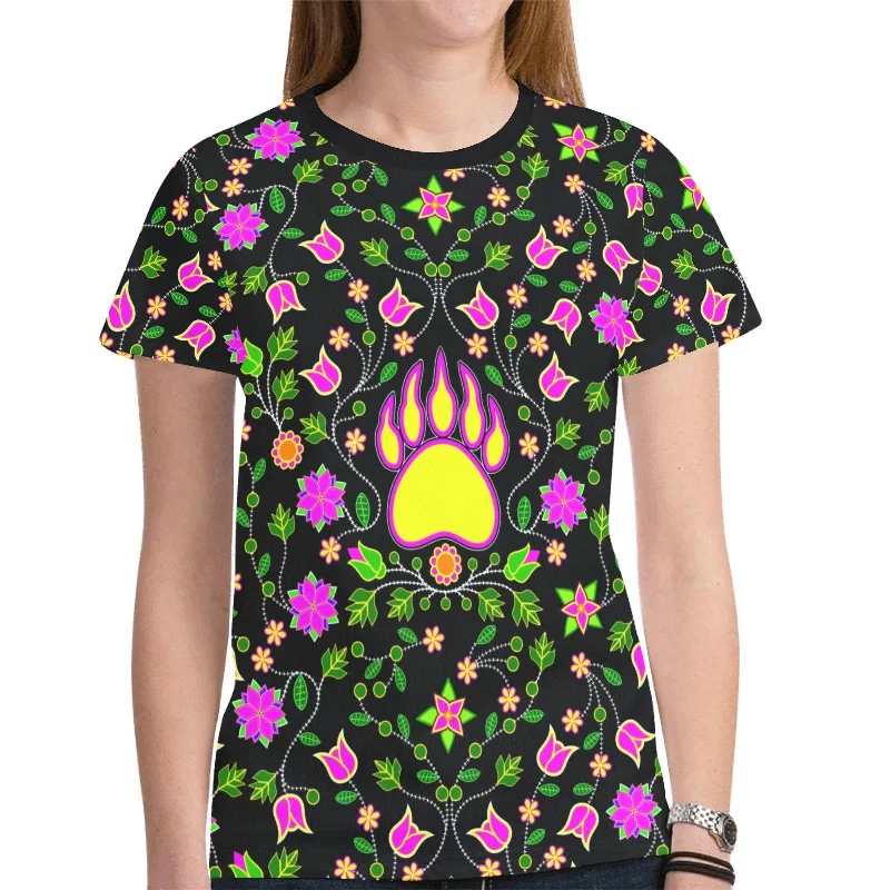 Floral Bearpaw Pink and Yellow T-shirt for Women Welt Pockets Slit Pockets Flap Pockets Floral Bearpaw Pink and Yellow T-shirt for Women Welt Pockets Slit Pockets Flap Pockets