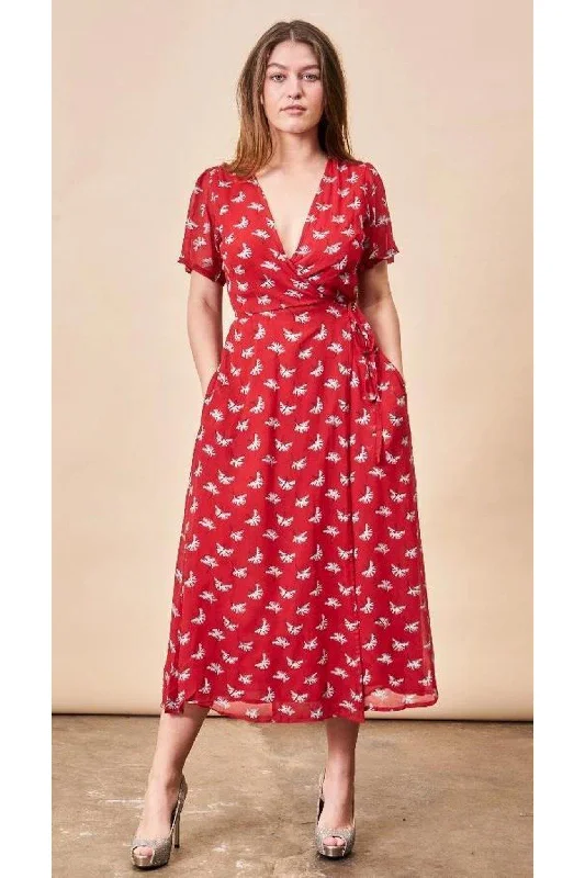 Ginkgo Leaf Midi Wrap Dress Lipstick Red + Silver