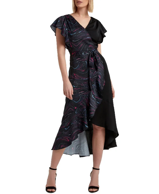 H Halston Short Sleeve Ruffled Faux Wrap Dress