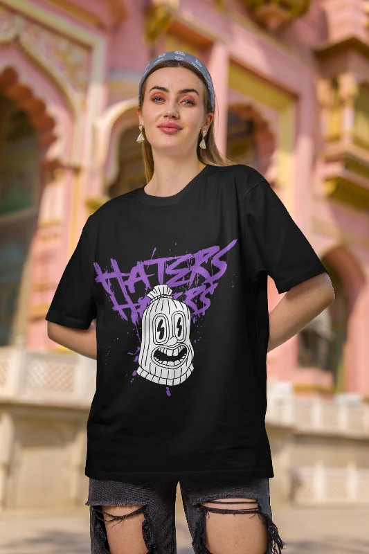 Haters Printed Design Black Oversized Women T-Shirt Graphic T-Shirt Round Neck Polyester Haters Printed Design Black Oversized Women T-Shirt Graphic T-Shirt Round Neck Polyester
