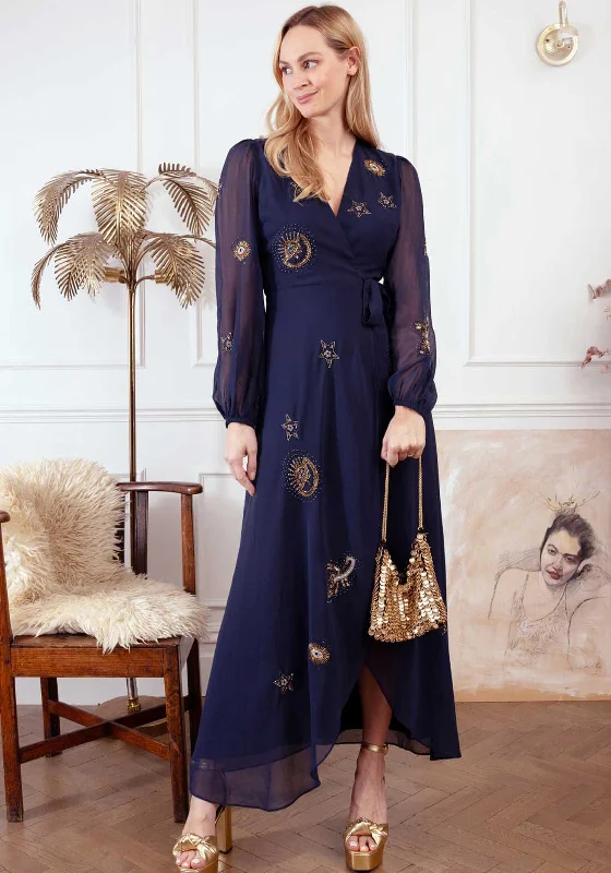 Hope and Ivy Kai Embellished Wrap Dress, Navy