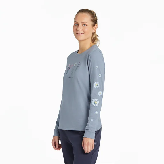 Women's Detailed Wildflowers Long-Sleeve Crusher Tee - Stone Blue