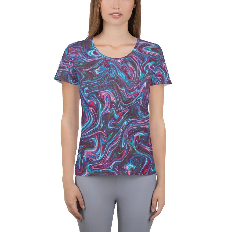 Red Blue Liquid Magma Plasma Psychedelic Swirls Trippy Print Women's Athletic T-shirt Houndstooth Herringbone Solid Red Blue Liquid Magma Plasma Psychedelic Swirls Trippy Print Women's Athletic T-shirt Houndstooth Herringbone Solid