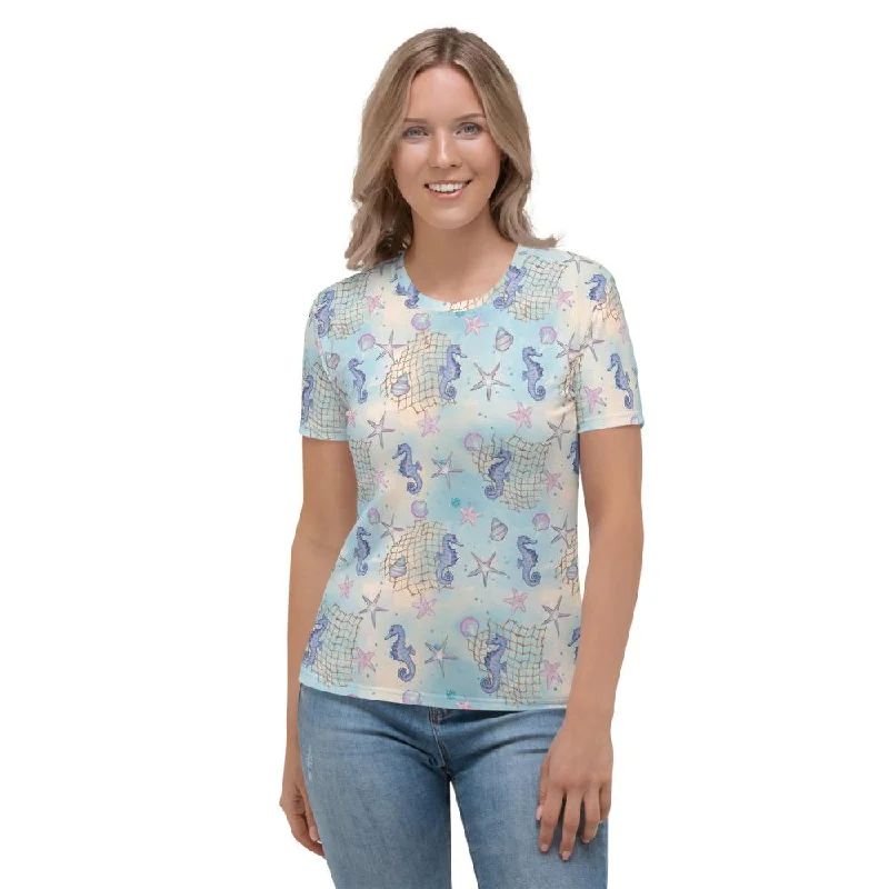 Sea Horse Pattern Women's T-shirt, Sea Horses Star Fish Shell Print Women's Top Front Pockets Side Pockets Patch Pockets Sea Horse Pattern Women's T-shirt, Sea Horses Star Fish Shell Print Women's Top Front Pockets Side Pockets Patch Pockets