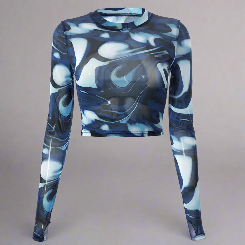 Stylish Y2K Blue Swirl Pattern Long Sleeve Slim Tee