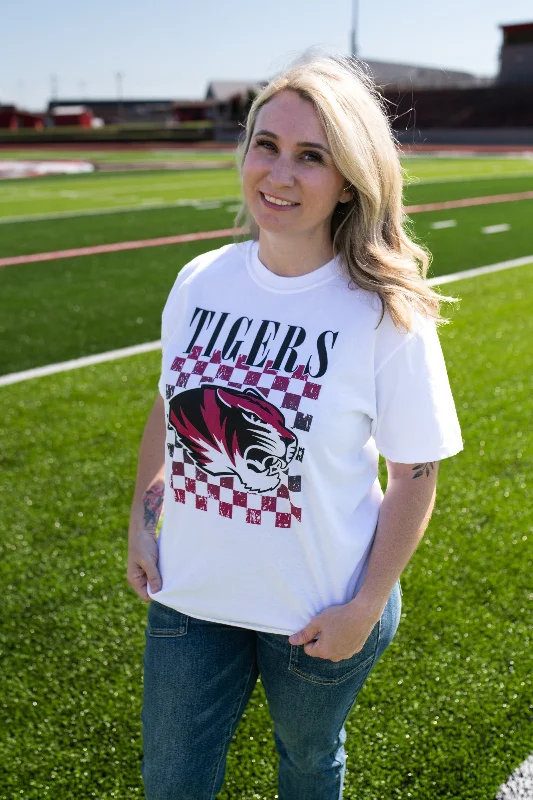 Tiger's Checkered Mascot Graphic Tee-Crimson