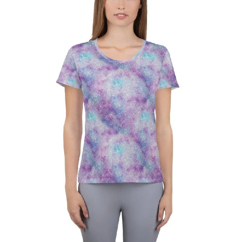 White Blue Purple Glittery Glitter Galactic Galaxy Mess Women's Athletic T-shirt Ribbed Striped Patterned White Blue Purple Glittery Glitter Galactic Galaxy Mess Women's Athletic T-shirt Ribbed Striped Patterned