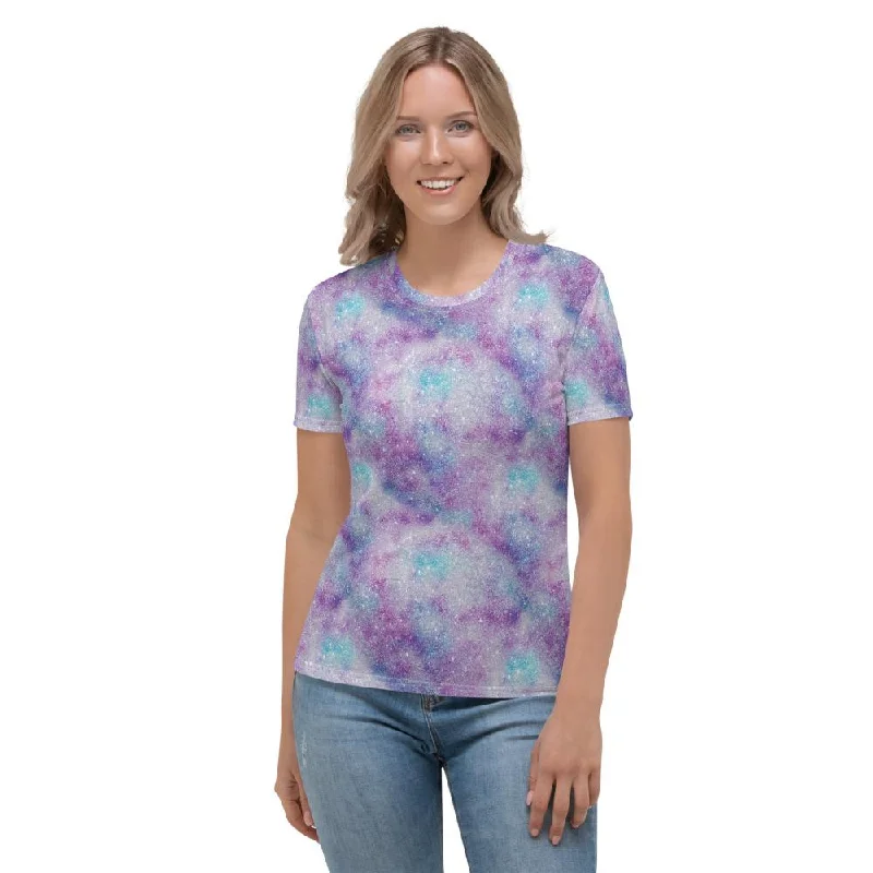 White Blue Purple Glittery Glitter Galactic Galaxy Mess Women's T-shirt Solid Print Embellished White Blue Purple Glittery Glitter Galactic Galaxy Mess Women's T-shirt Solid Print Embellished