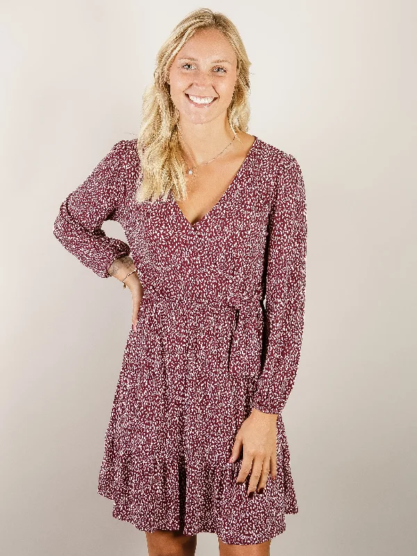 Wine and White Abstract Print Wrap Dress