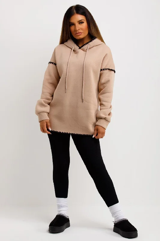 Beige Oversized Hoodie With Contrast Stitching Detail