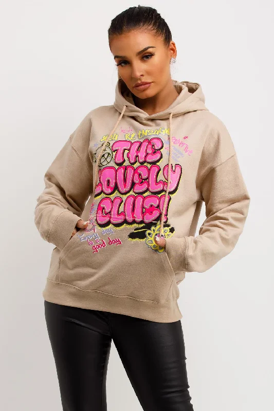 Beige Oversized Hoodie With Lovely Club Graphic Slogan