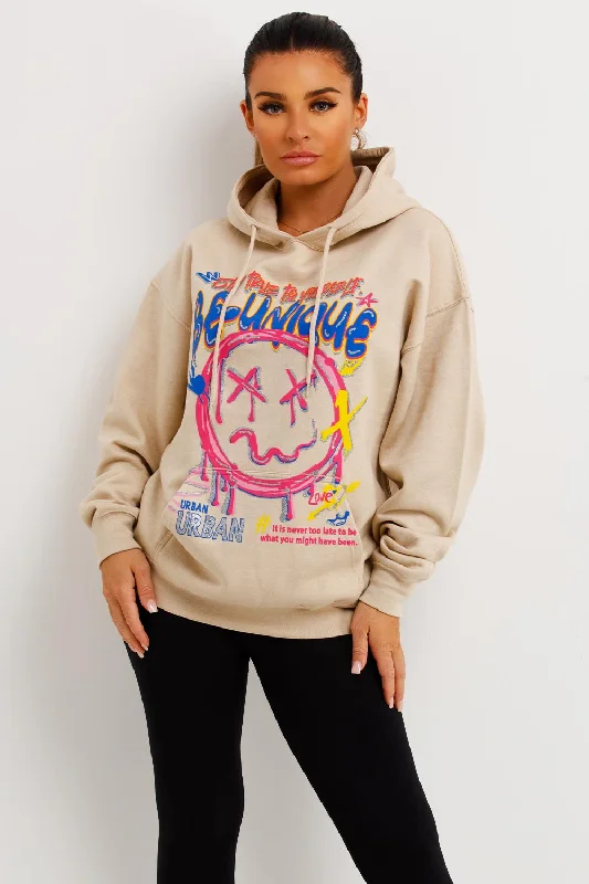 Beige Oversized Hoodie With Teddy Bear Be Unique Graphics