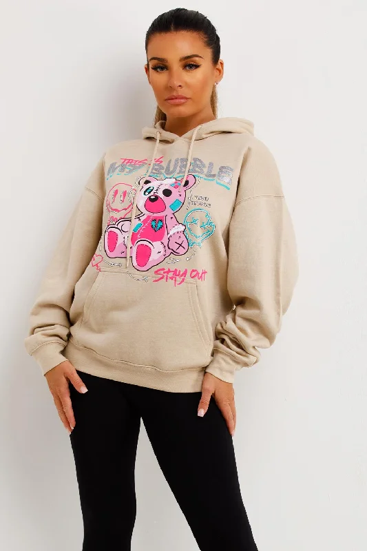 Beige Oversized Hoodie With Teddy Bear Bubble Graphics