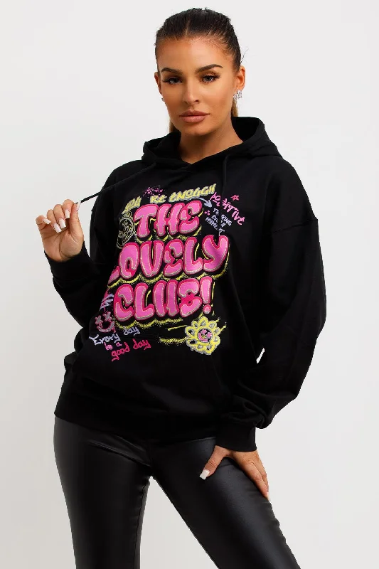 Black Oversized Hoodie With Lovely Club Graphic Slogan