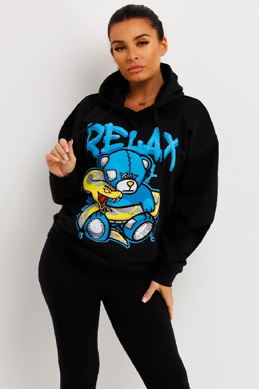 Black Oversized Hoodie With Teddy Bear Relax Graphics