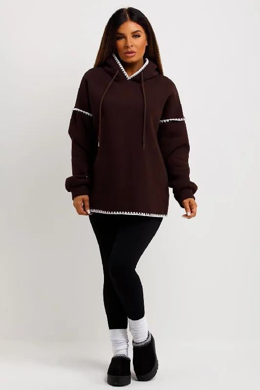 Brown Oversized Hoodie With Contrast Stitching Detail