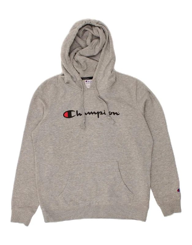 CHAMPION Mens Graphic Hoodie Jumper Large Grey Flecked Cotton