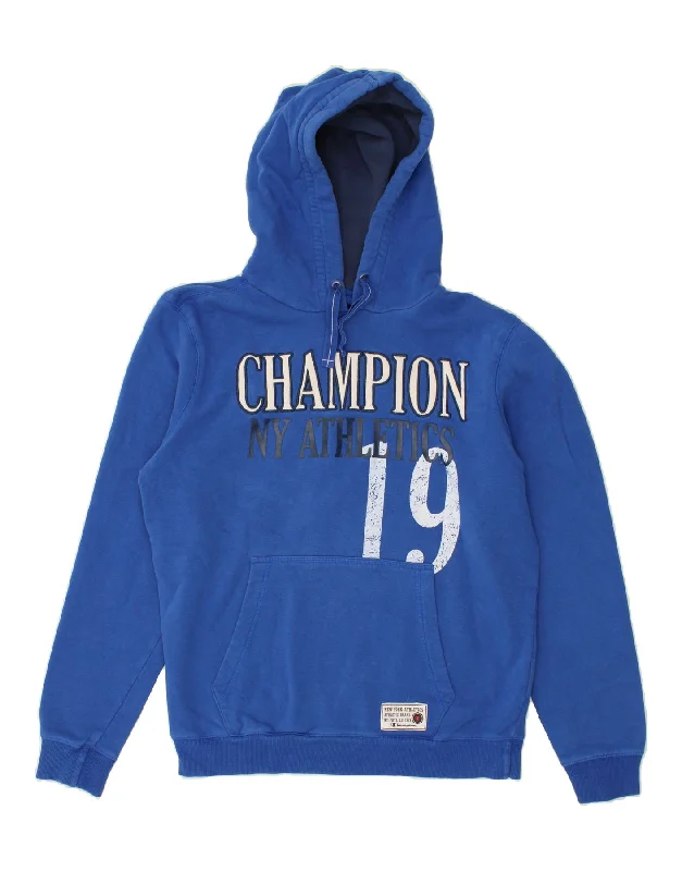 CHAMPION Mens Graphic Hoodie Jumper Large Navy Blue Cotton