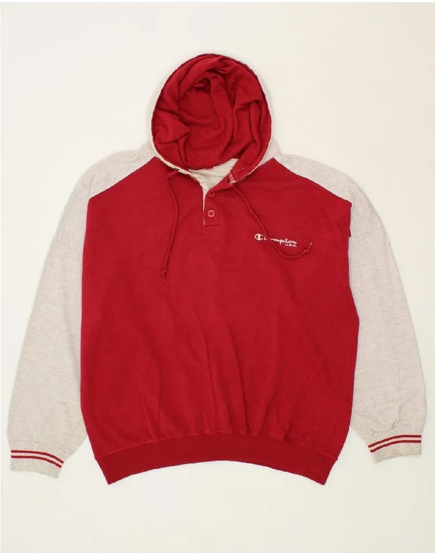 CHAMPION Mens Hoodie Jumper Large Red Colourblock Cotton