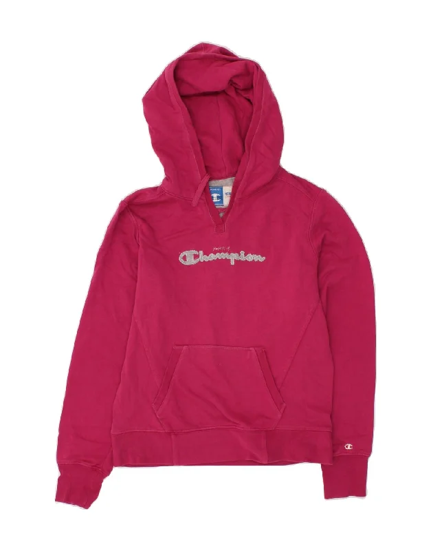 CHAMPION Womens Crop Graphic Hoodie Jumper UK 14 Medium Pink Cotton Hoodie with Pattern Geometric Abstract CHAMPION Womens Crop Graphic Hoodie Jumper UK 14 Medium Pink Cotton Hoodie with Pattern Geometric Abstract