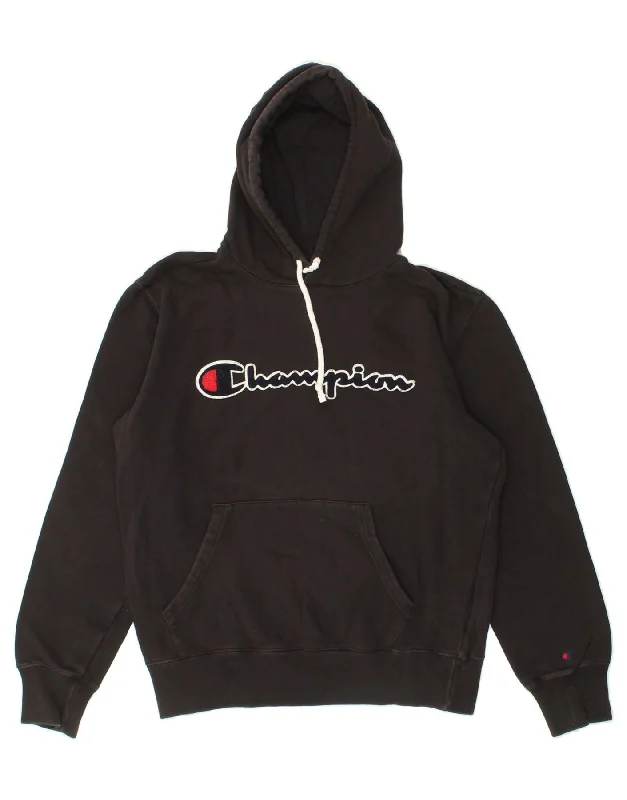 CHAMPION Womens Graphic Hoodie Jumper Large Black Cotton Hoodie with Toggle Buttons Decorative Unique CHAMPION Womens Graphic Hoodie Jumper Large Black Cotton Hoodie with Toggle Buttons Decorative Unique