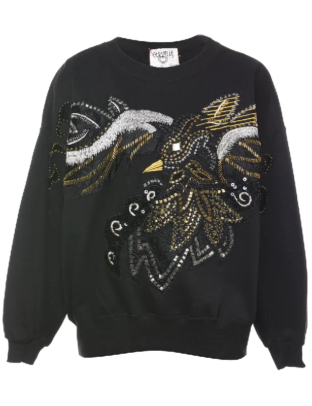 Dark Green Beaded Bird Design Sweatshirt - M