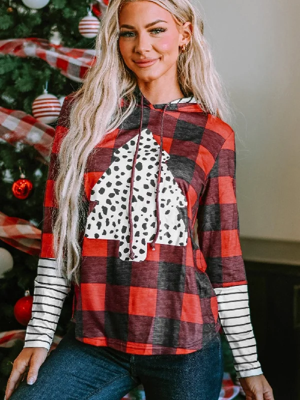 Festive Red Plaid Leopard Christmas Tree Hoodie with Fiery Accents