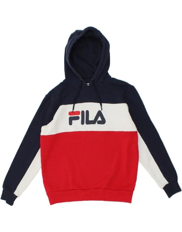 FILA Mens Graphic Hoodie Jumper Small Navy Blue Colourblock Cotton