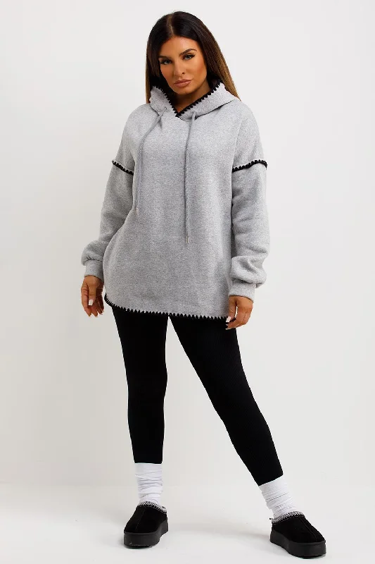 Grey Oversized Hoodie With Contrast Stitching Detail