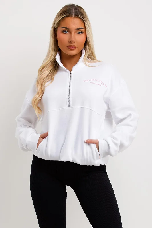 Half Zip Sweatshirt With Manhattan Embroidery White